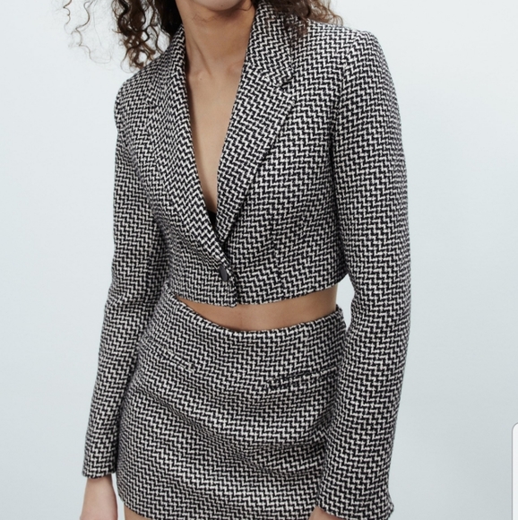 Zara 2pcs set houndstooth crop blazer jacket & skort Tweed textured Medium - Picture 5 of 8